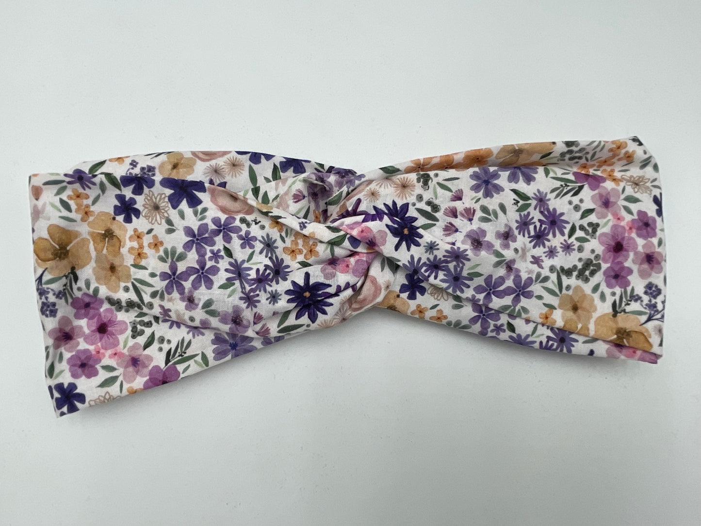 Bandeau turban - Fleurs violettes sur fond blanc