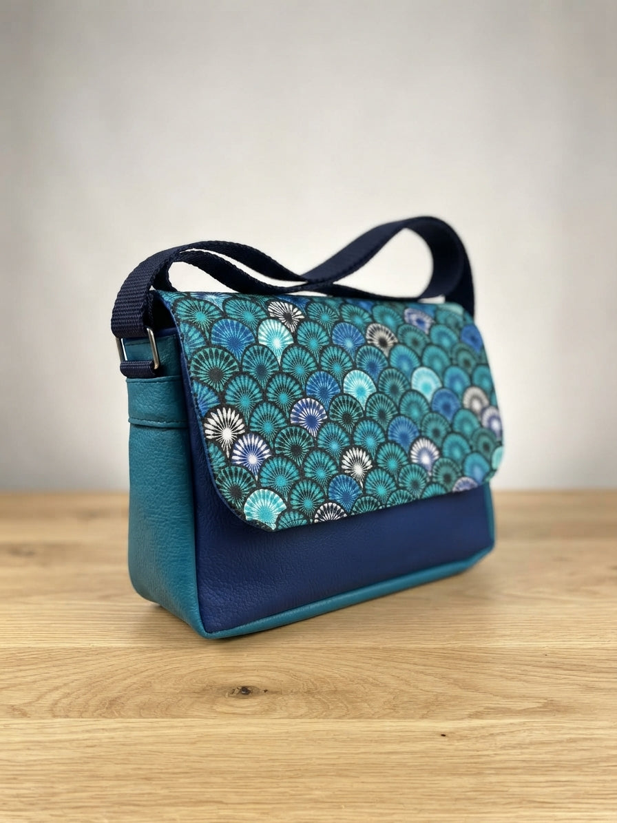 Sac à main en coton et similicuir - Eventails et Bleu