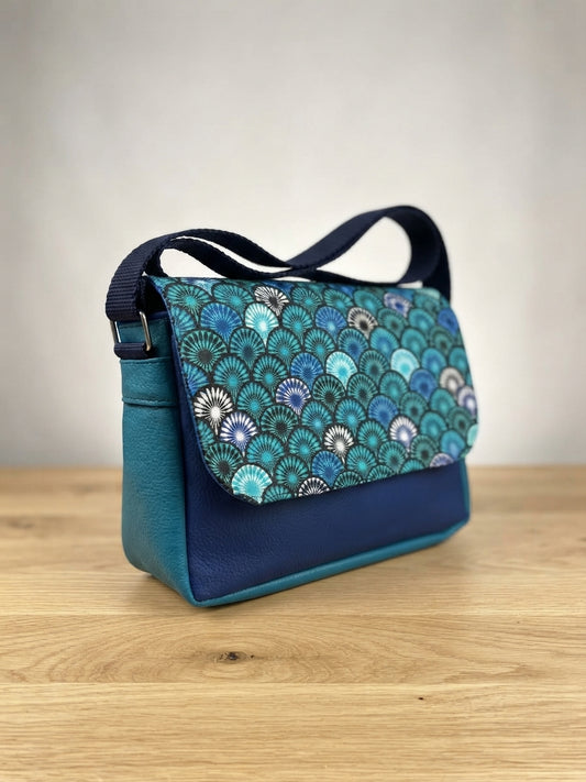 Sac à main en coton et similicuir - Eventails et Bleu