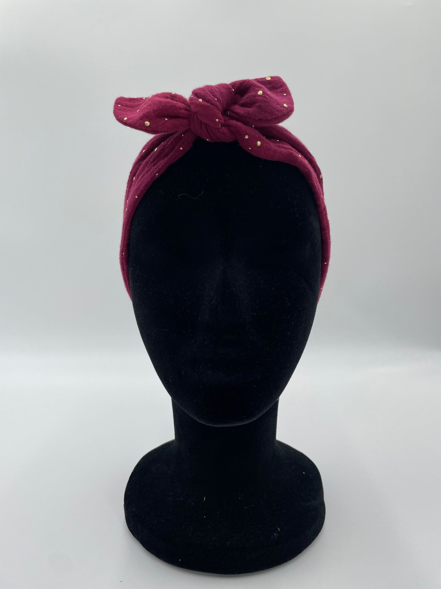 Bandeau à nouer - Gaze bordeaux et Pois or