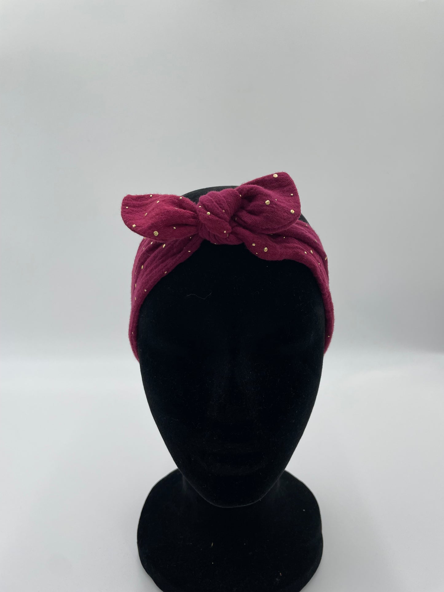Bandeau à nouer - Gaze bordeaux et Pois or