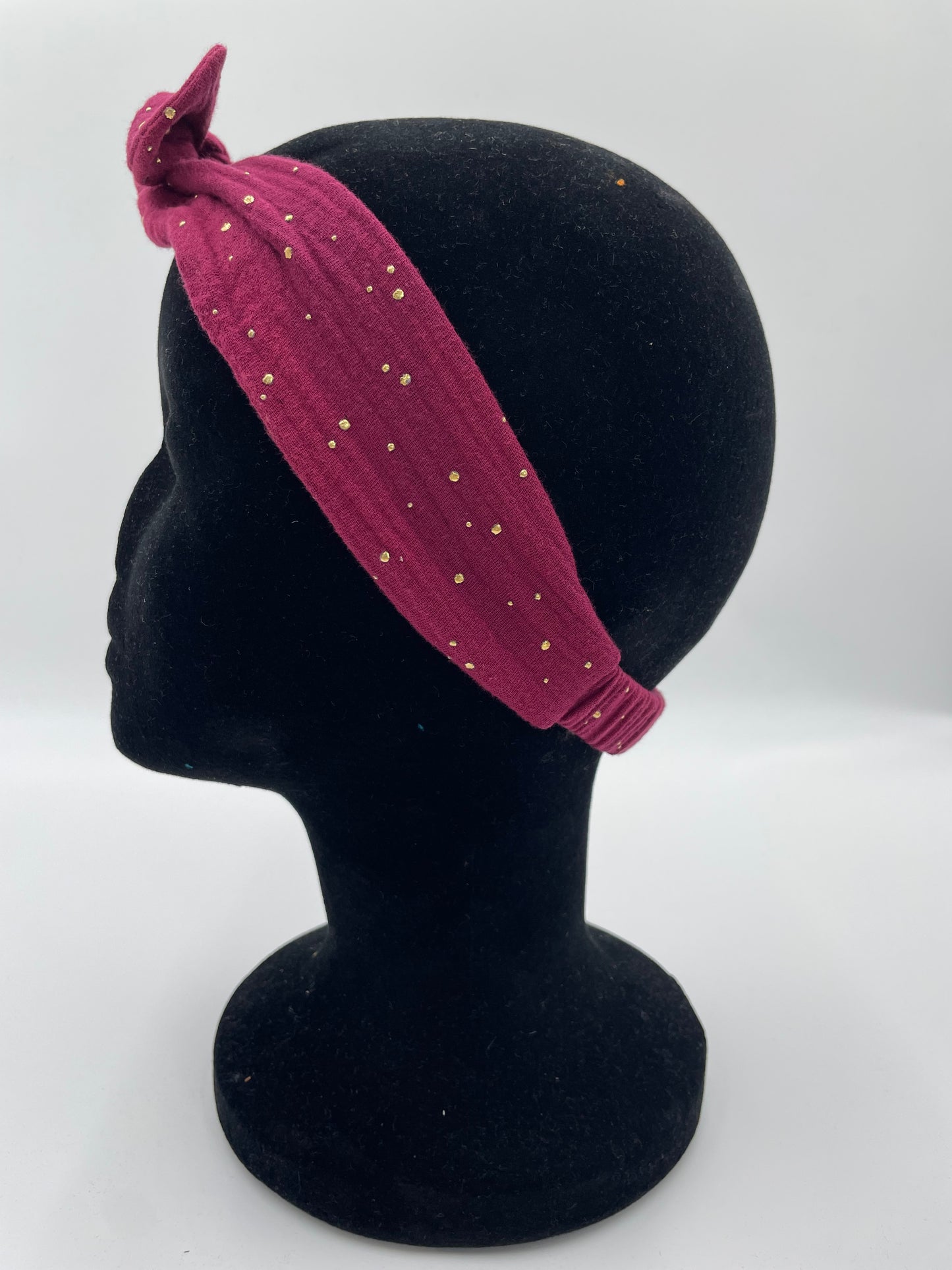Bandeau à nouer - Gaze bordeaux et Pois or