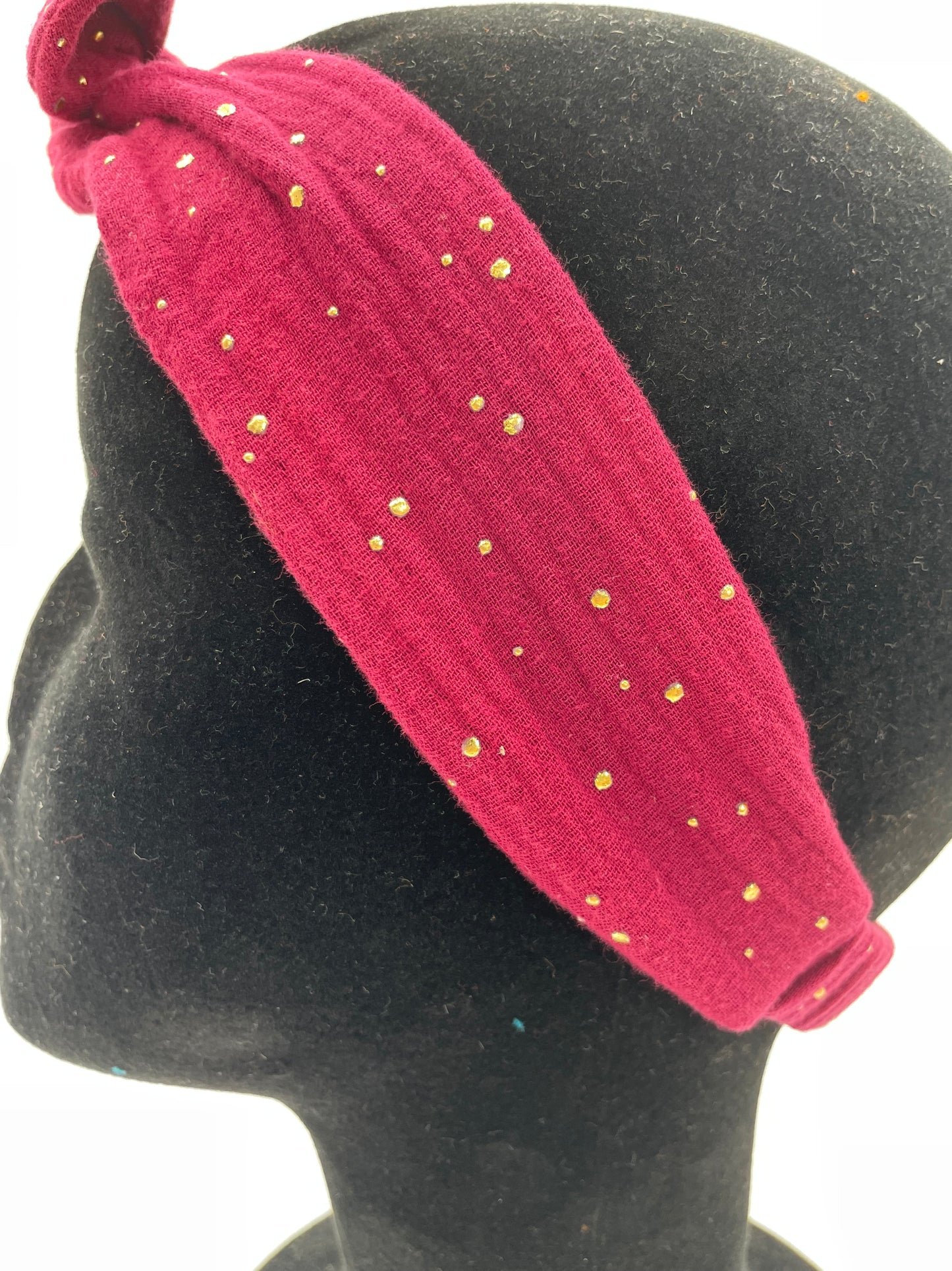 Bandeau à nouer - Gaze bordeaux et Pois or