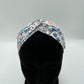 Bandeau turban - Fleurs bleues sur fond blanc