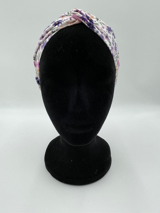 Bandeau turban - Fleurs violettes sur fond blanc