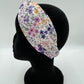 Bandeau turban - Fleurs violettes sur fond blanc
