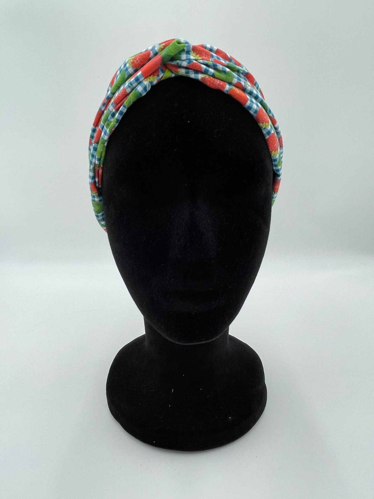 Bandeau turban - Fraises sur fond bleu