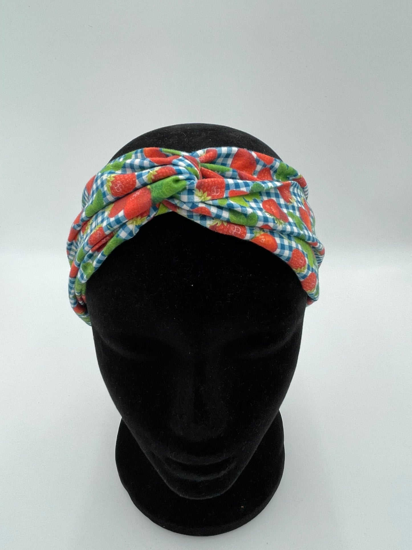 Bandeau turban - Fraises sur fond bleu