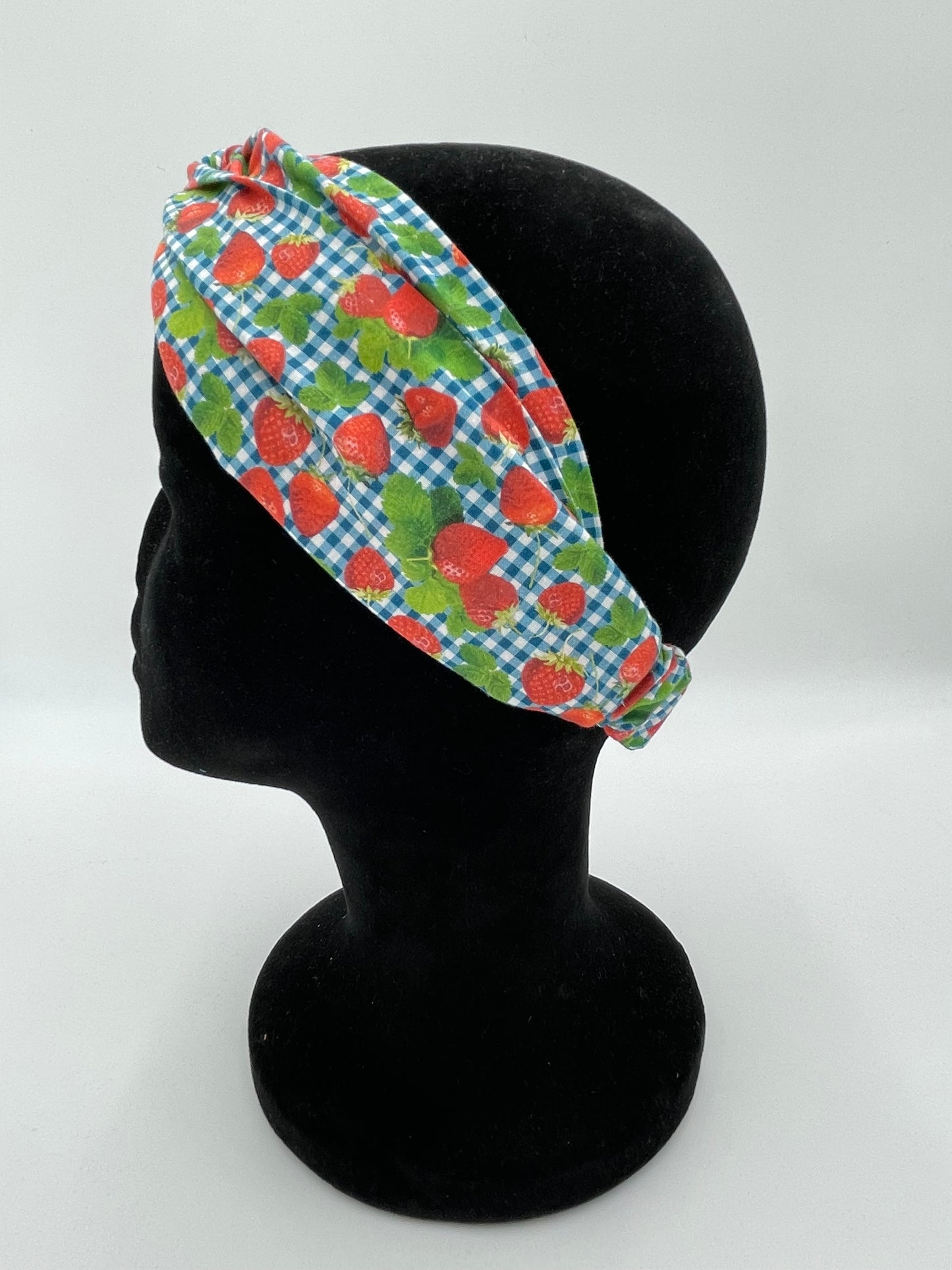Bandeau turban - Fraises sur fond bleu