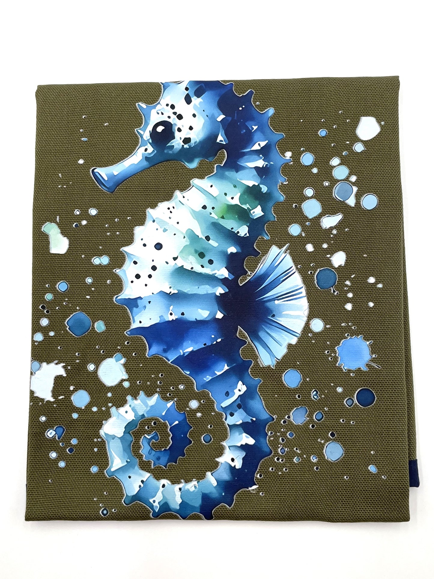 Serviette à crustacés - Hypocampe sur fond kaki, Biais marine