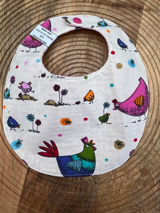 Bavoir rond - Poules Rose