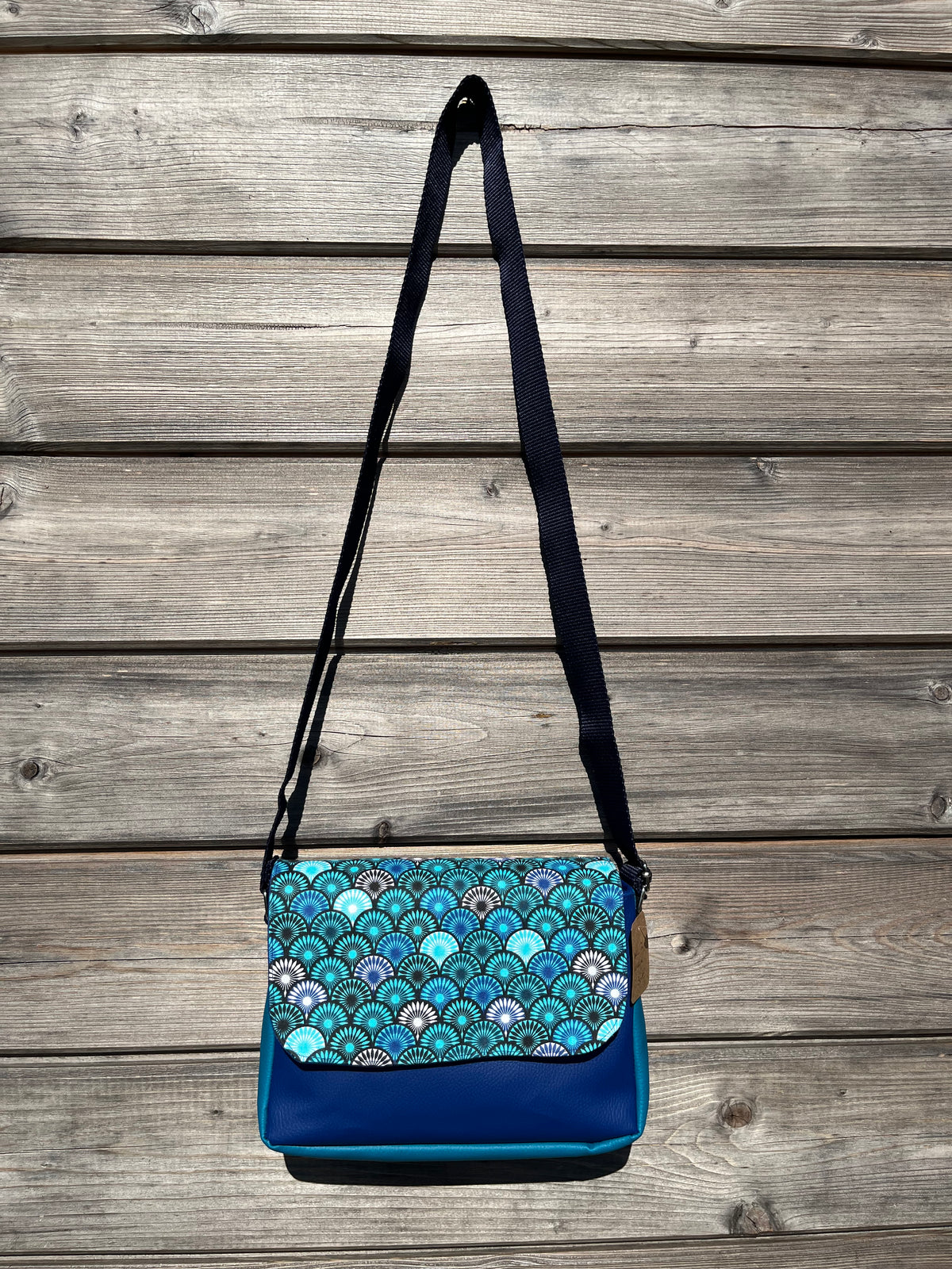 Sac à main en coton et similicuir - Eventails et Bleu