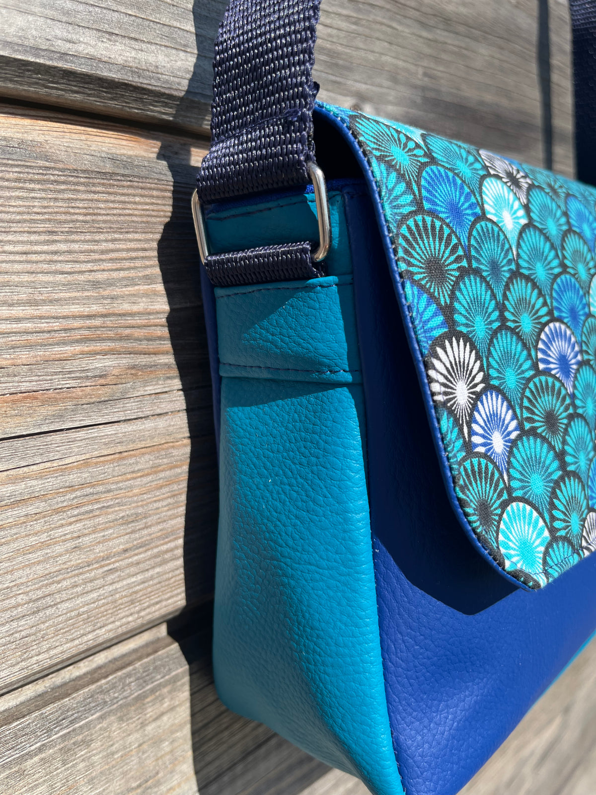 Sac à main en coton et similicuir - Eventails et Bleu