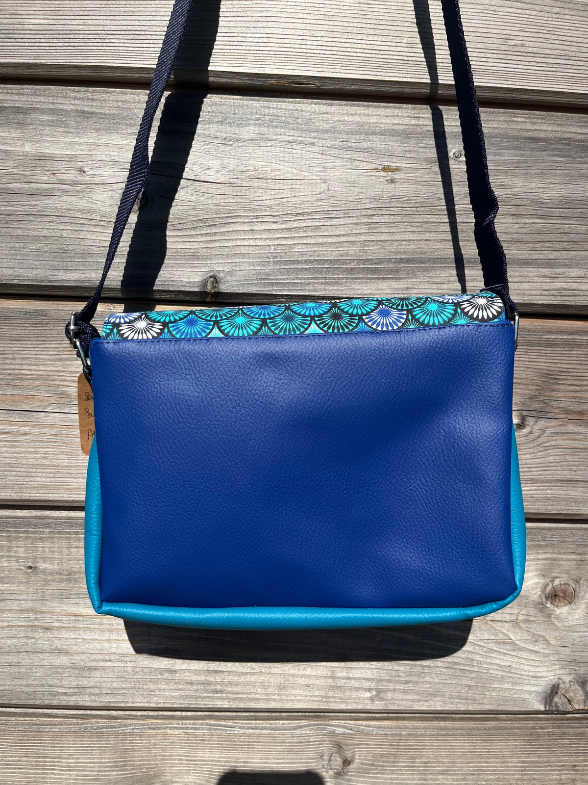 Sac à main en coton et similicuir - Eventails et Bleu