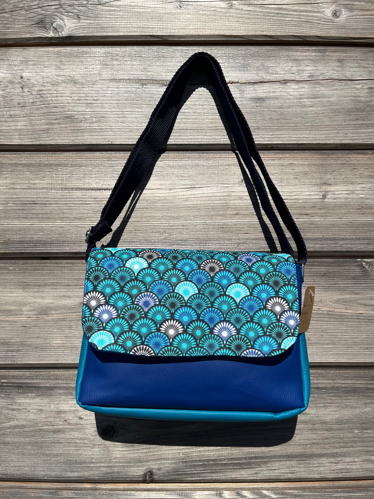 Sac à main en coton et similicuir - Eventails et Bleu
