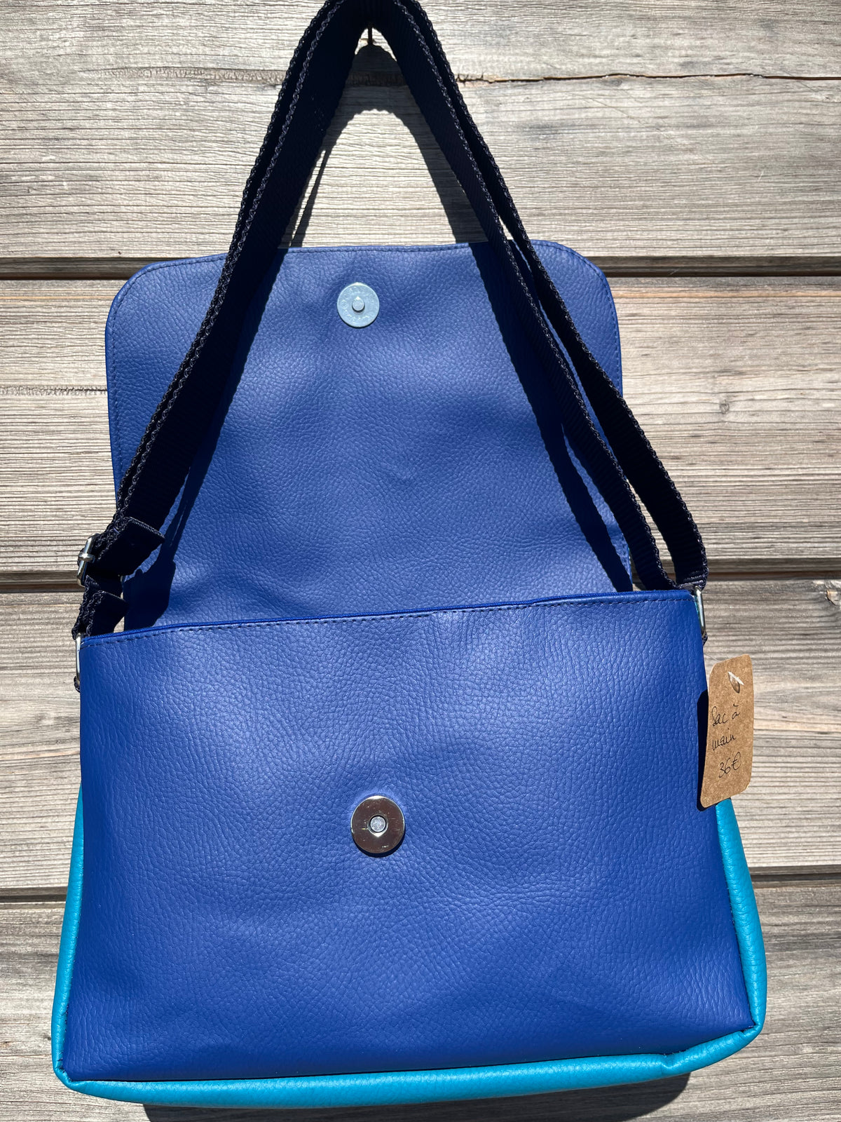 Sac à main en coton et similicuir - Eventails et Bleu
