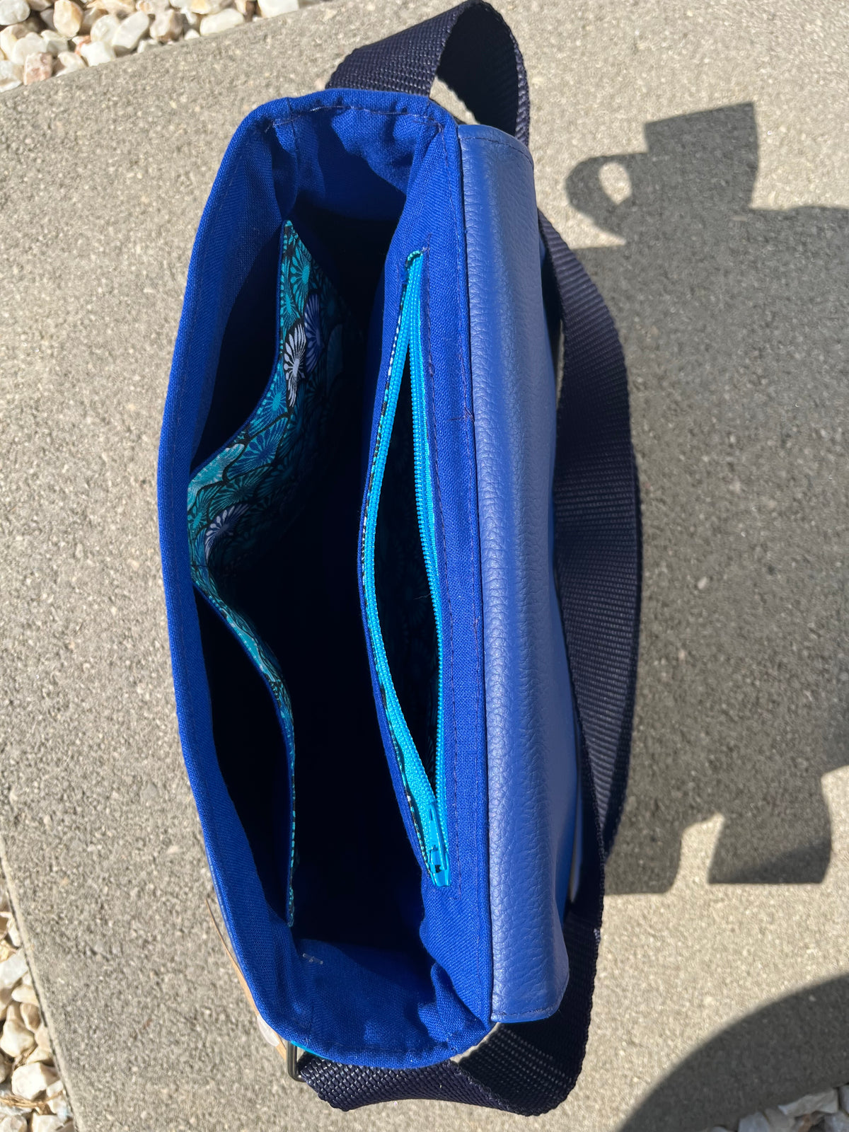 Sac à main en coton et similicuir - Eventails et Bleu
