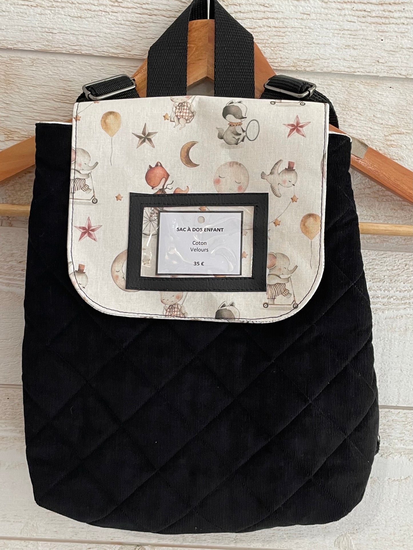 Sac à dos enfant - Animaux sur fond blanc et Velours noir