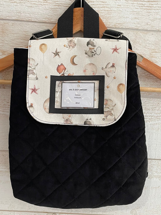 Sac à dos enfant - Animaux sur fond blanc et Velours noir