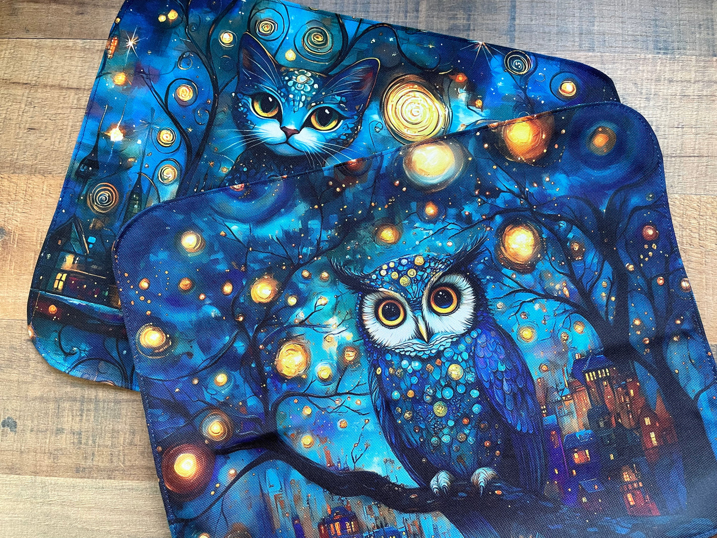 Set de table réversible - Chat et Chouette Nuit étoilée