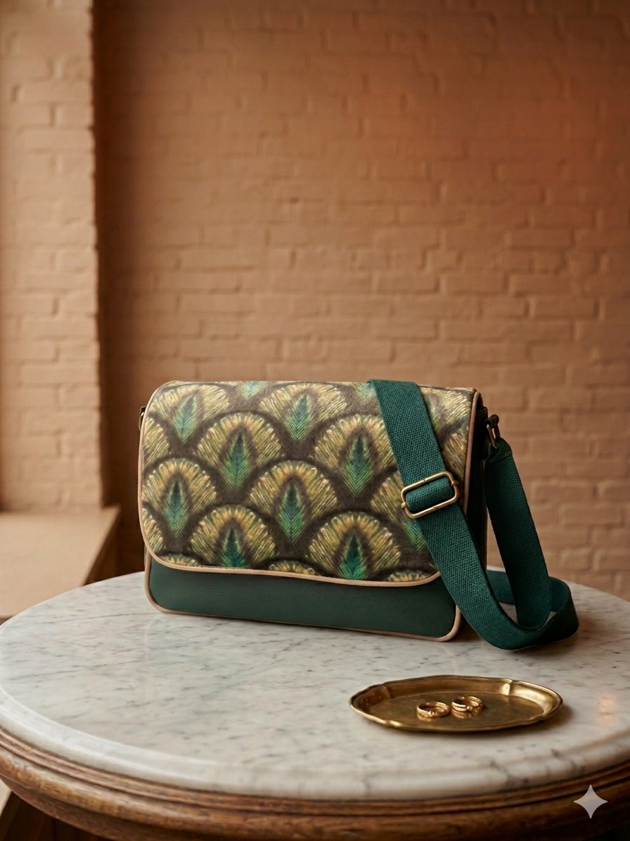 Sac à main en velours et similicuir - Paon vert