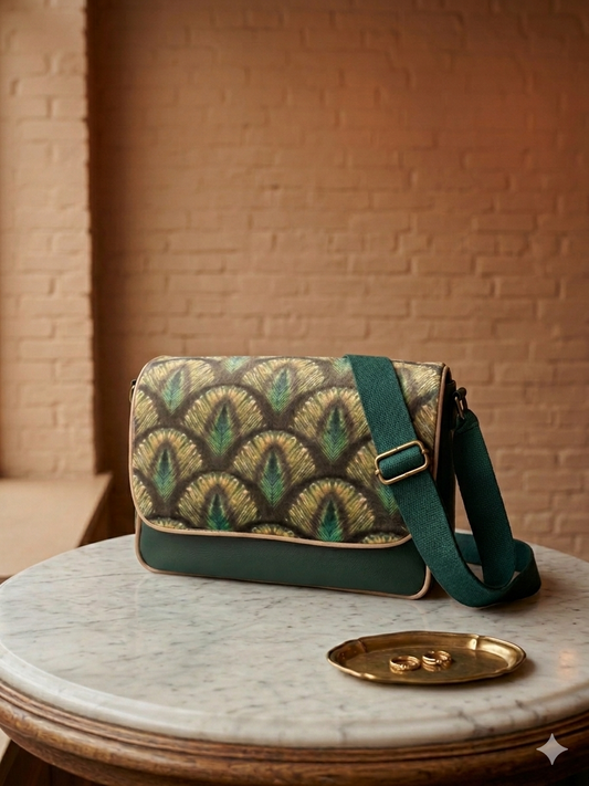 Sac à main en velours et similicuir - Paon vert